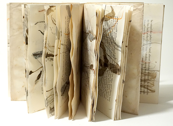 "Migration" Six hand-drawn signatures bound dos-a-dos to a folded eco-printed page. $300
