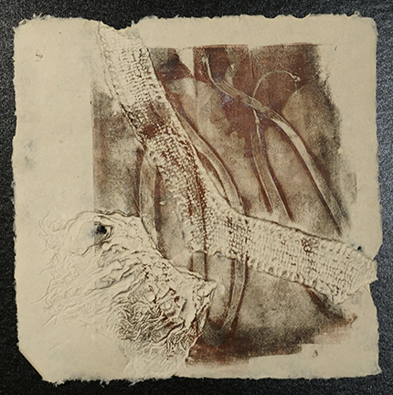 "Repairing I." Gelatin plate monoprint. Ink on handmade hemp paper with embossing, 11 in. x 11 in. $200
