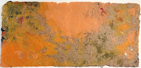 unique handmade paper using cotton rag, abaca, sisal, eucalyptus bark, earth pigments, and osage orange and marigold lake pigments.