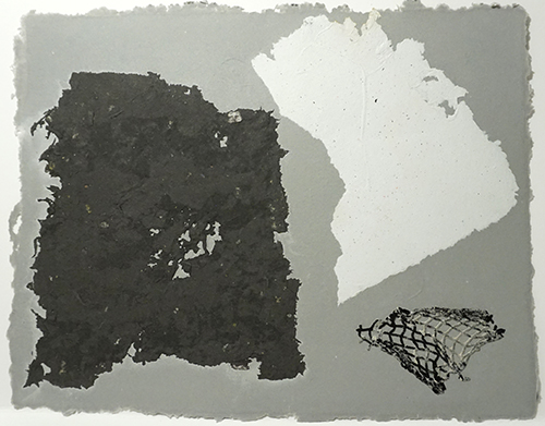 "Still Life," cotton paper with pigmented cotton paper, recycled paper, and fishnet stocking dipped in abaca. 2023